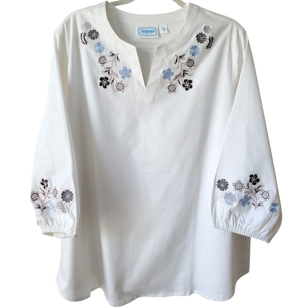 Women White Floral Embroidered Tunic Shirt Top 2X Coastal Cowgirl Boho Cottage